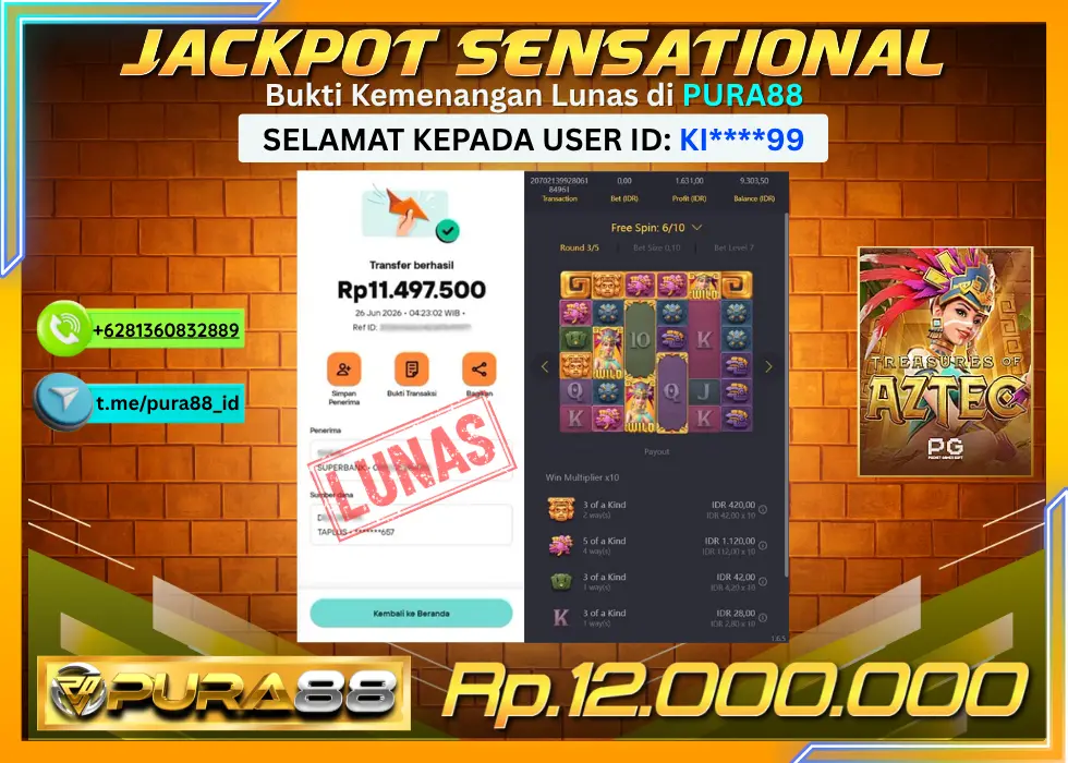 PURA88 JACKPOT TREASURES OF AZTEC Rp 12.000.000,- LUNAS